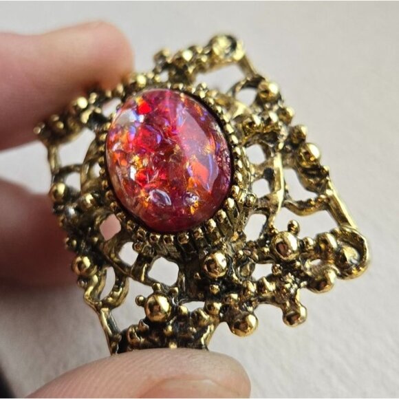 VTG Dragons breath fiery pink red Filagree glass cabochon brooch jelly belly - Picture 10 of 10
